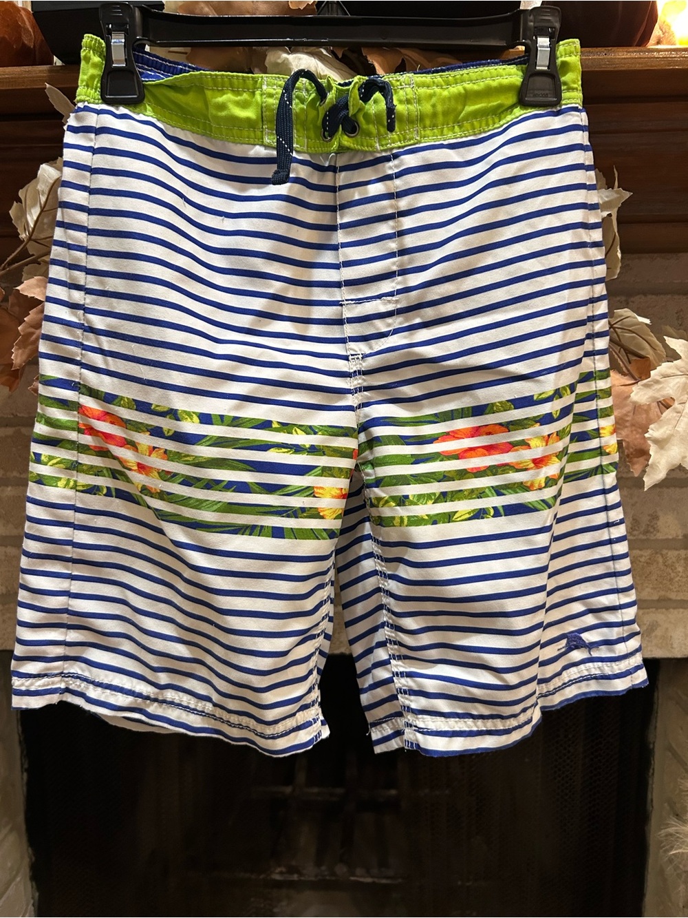 Tommy Bahama Blue & White Striped Swim Board Shorts with Lime Waistband EUC
